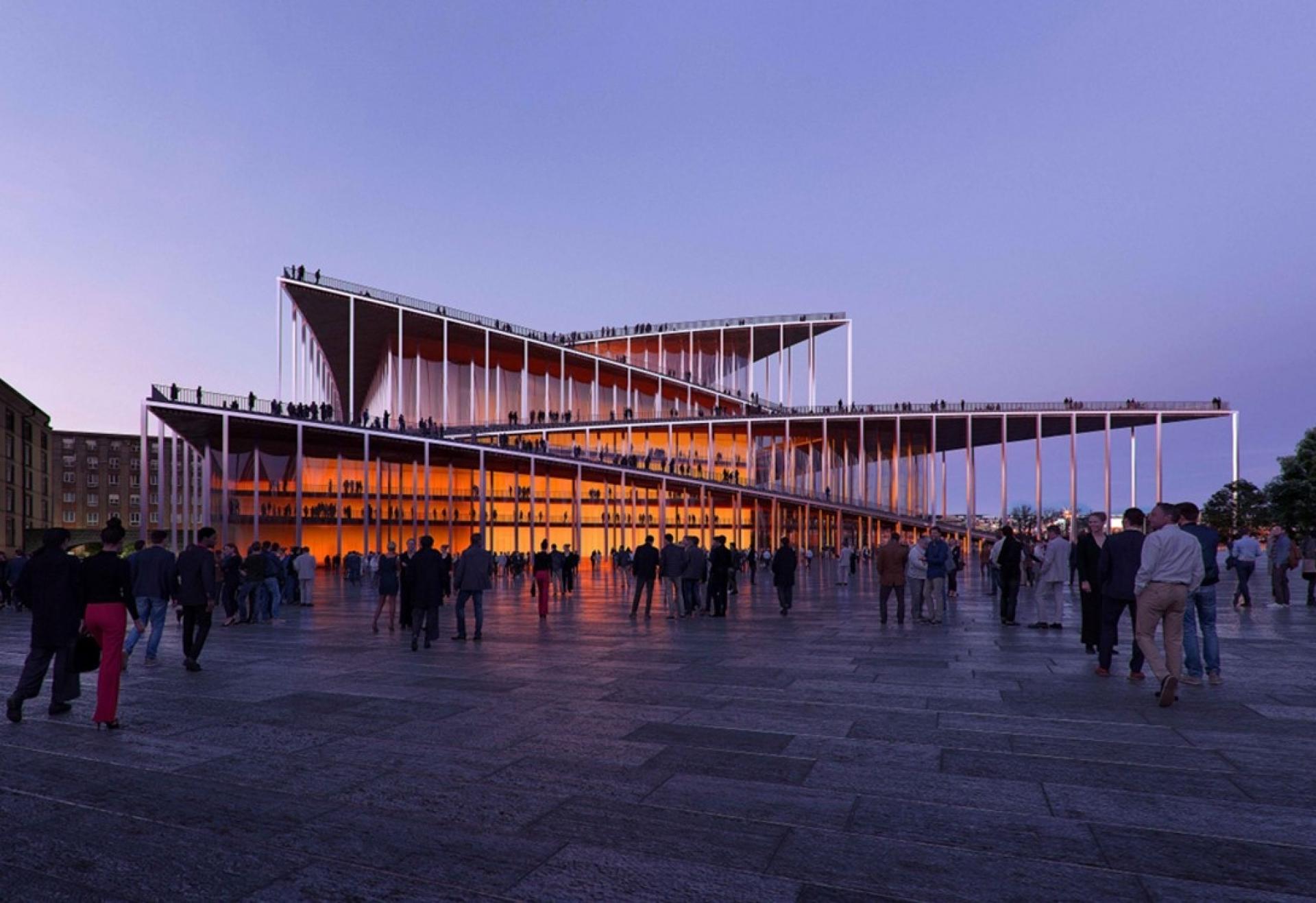 Taget af Vltava Philharmonic Hall vil fungere som en promenade og en fortsættelse af den store offentlige plads ved foden af bygningen. Herfra bliver der bl.a. mulighed for et smugkig af koncerterne indenfor. Illustration: BIG-Bjarke Ingels Group