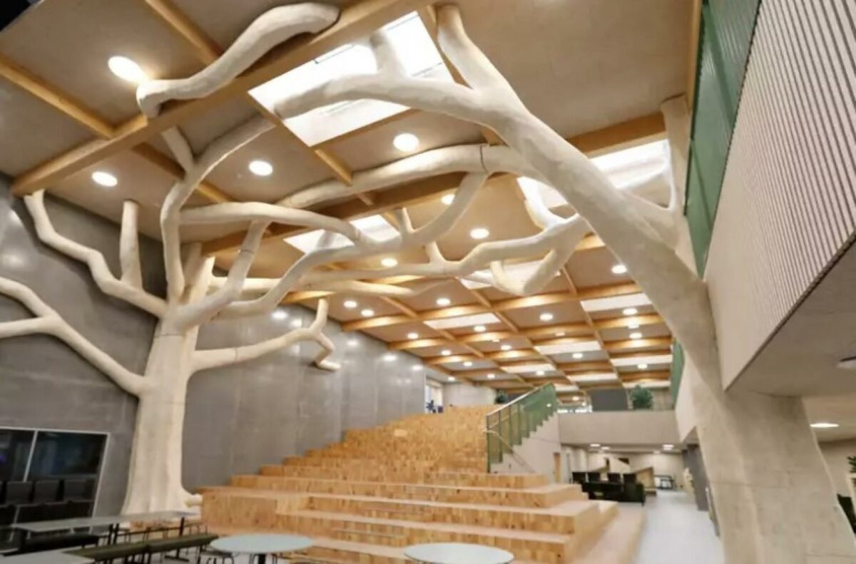 Hjerterummet på Vrå Skole og Børnehus er kernen, der samler både børnehus, idrætshal, bibliotek og klassetrin. Foto Axel Søgaard