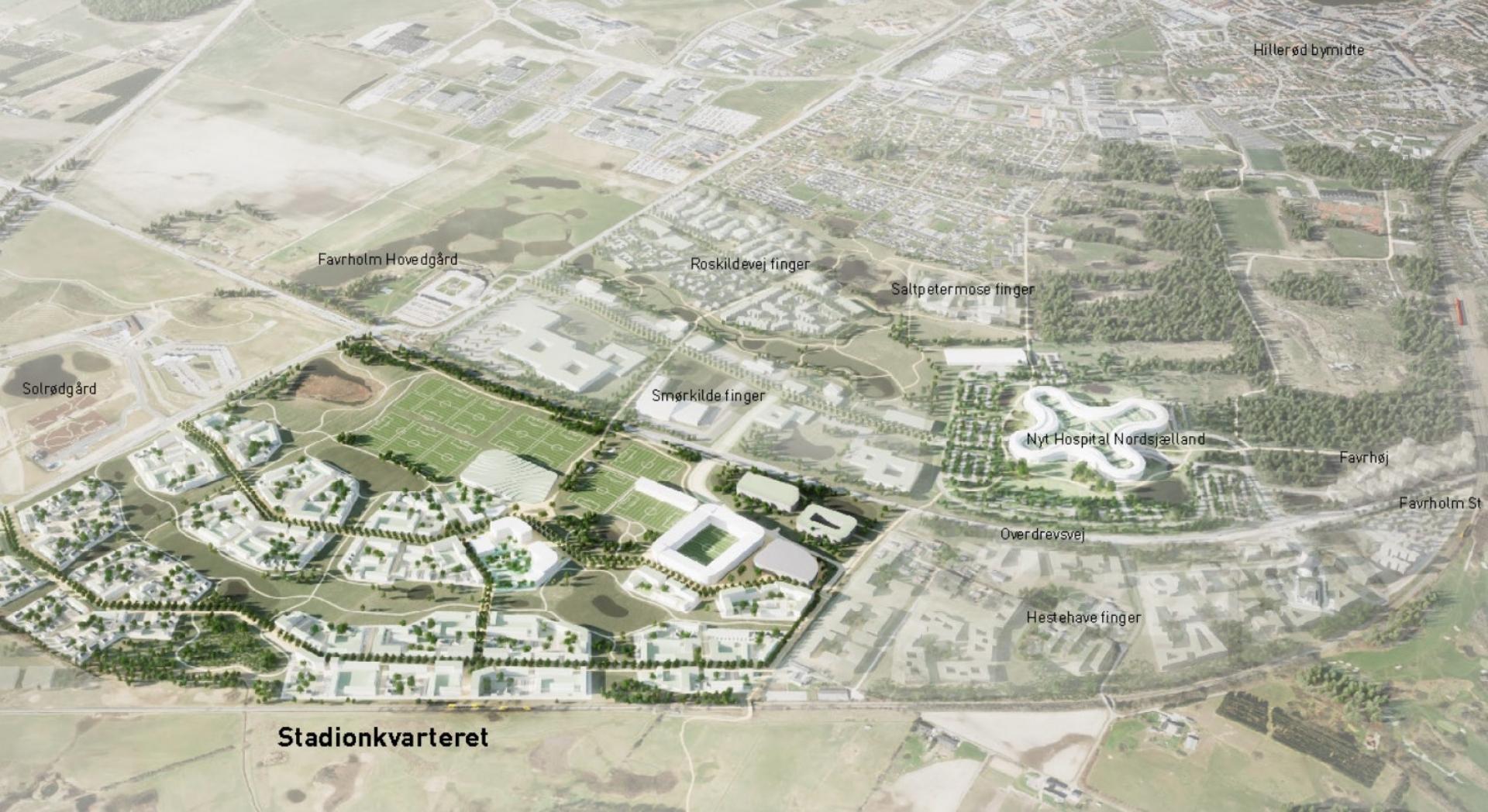 Det nye Stadionkvarteret får både S-togsstation, supersygehus, (måske) lokalbanestop og et nyt erhvervsområde indenfor rækkevidde. I øverste højre hjørne anes Hillerød bymidte. Illustration: Gehl