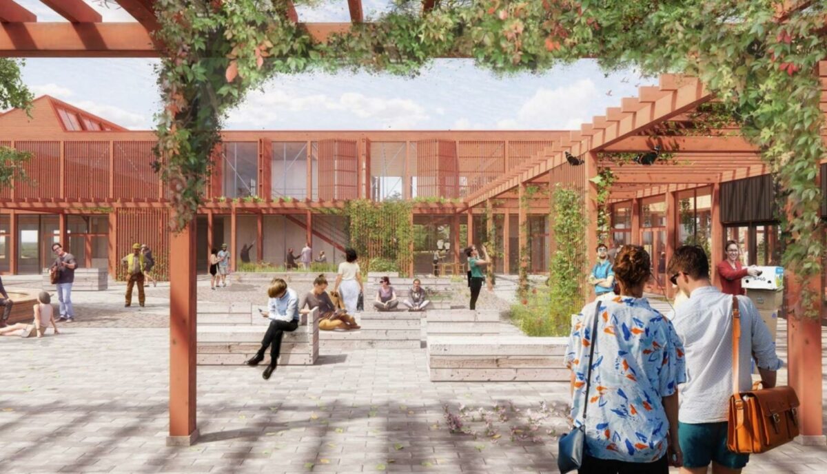 Gårdhaven på den nye Campus Odsherred bliver et samlende område for alle ungdomsuddannelser i Odsherred Kommune. Illustration: Vandkunsten