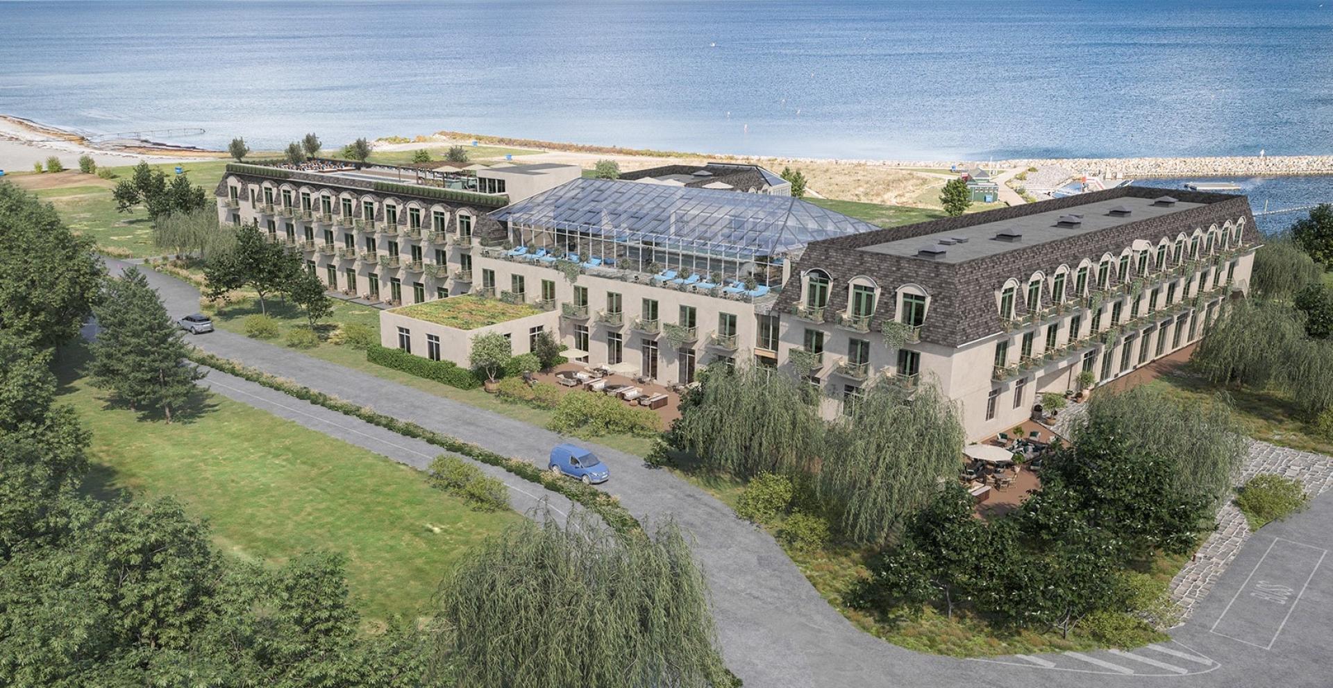 Det bliver ikke kun poolgæsterne på tagterrassen, der får udsigt over Køge Bugt. Også mange af de 149 værelser på det nye resort får 'bugtkig'. Visualisering: Bjerg Arkitektur