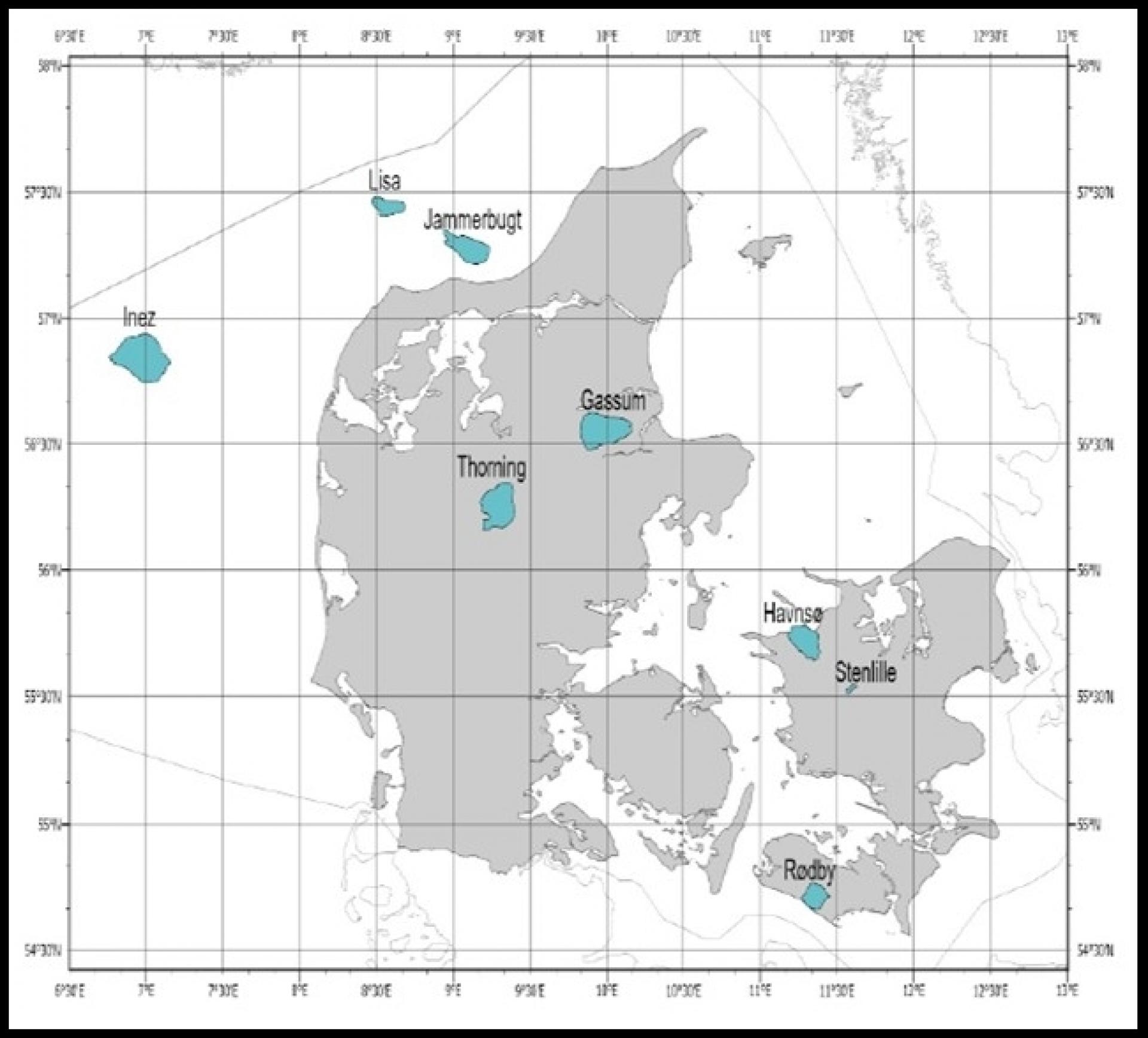 De otte arealer, der er omfattet af udbuddet, ligger ved Stenlille, Havnsø, Rødby, Gassum og Thorning, mens arealerne Jammerbugt, Lisa og Inez ligger kystnært men til havs. Illustration: Energistyrelsen