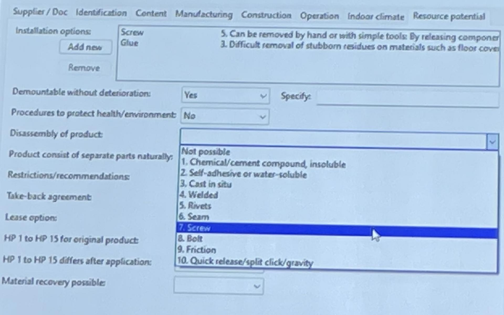 Ved oprettelse af et produkt i Materialepasset er der næsten uanede muligheder for at beskrive produktet i forhold til indhold, beskaffenhed, certificeringer, adskillelse m.v. Slide fra Circular Build Forum