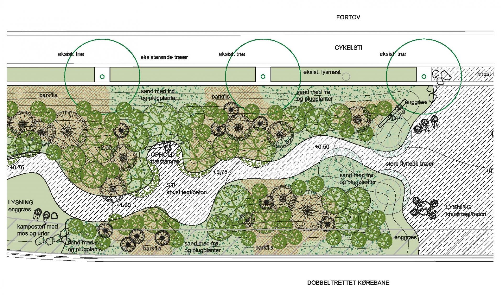 De grønne byrum anlægges på det eksisterende underlag. En af de kommende lommer skal primært benyttes til cykelparkering. Illustration: Aarhus Kommune