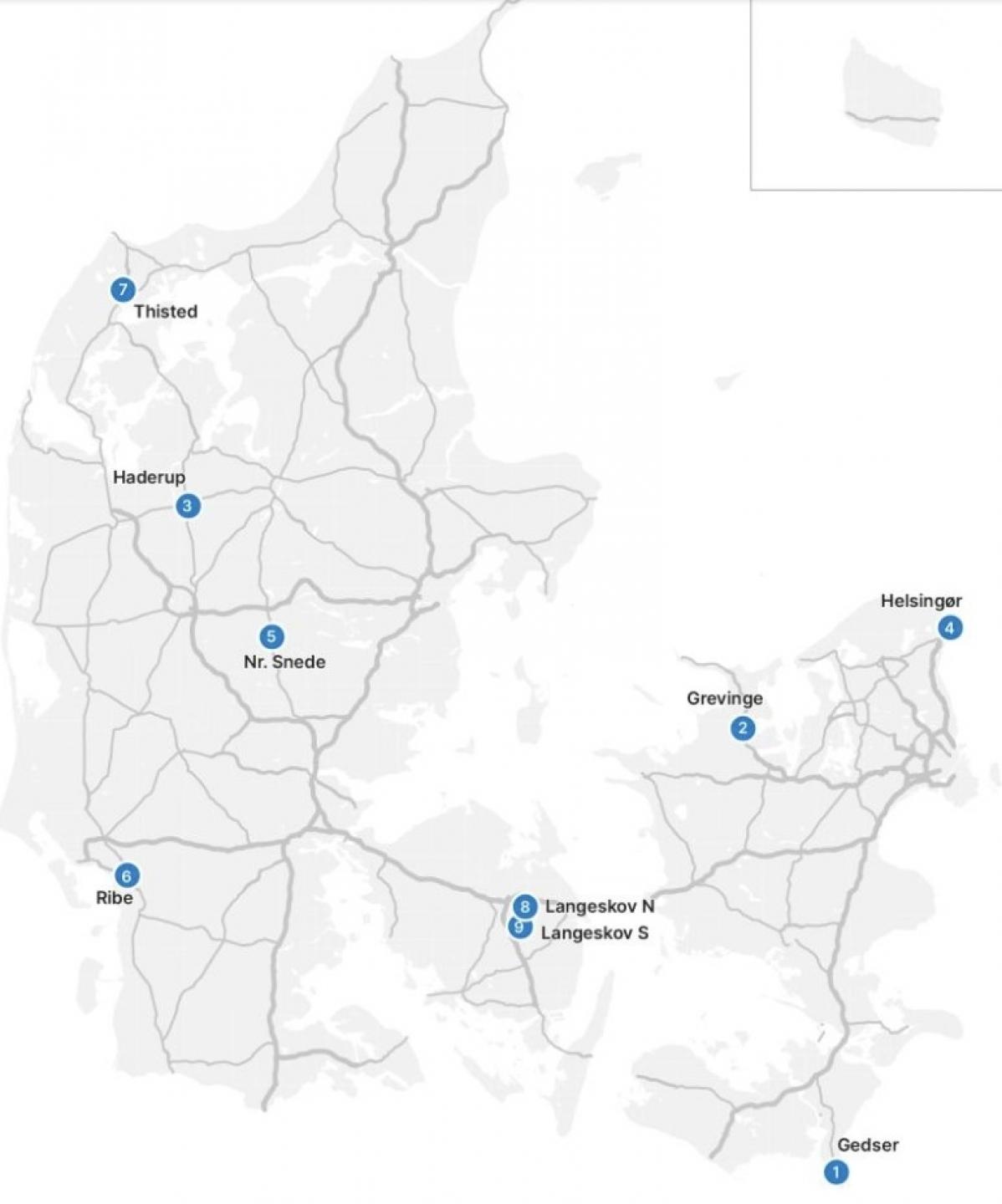 De kommende ladefaciliteter er fordelt godt over landet. Nummeret henviser til listen nedenfor. Illustration: Vejdirektoratet