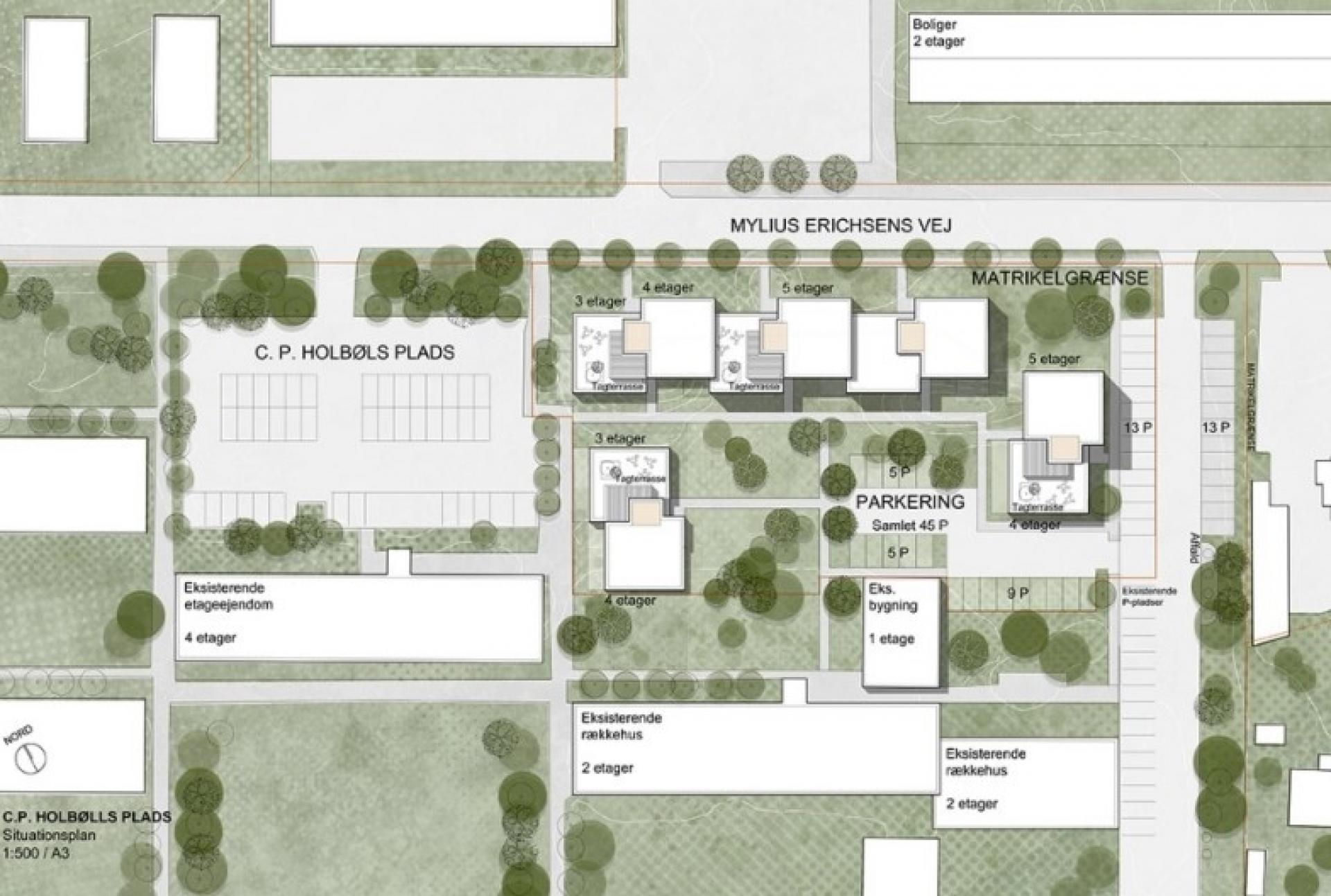 Efter dialog om tilpasning til omgivelserne har bygherre foreslået, at den østlige ende af byggeriet kan holdes i 3-4 etager, mens den centrale del fortsat ønskes opført i 5 etager. Visualisering: Kjær & Richter