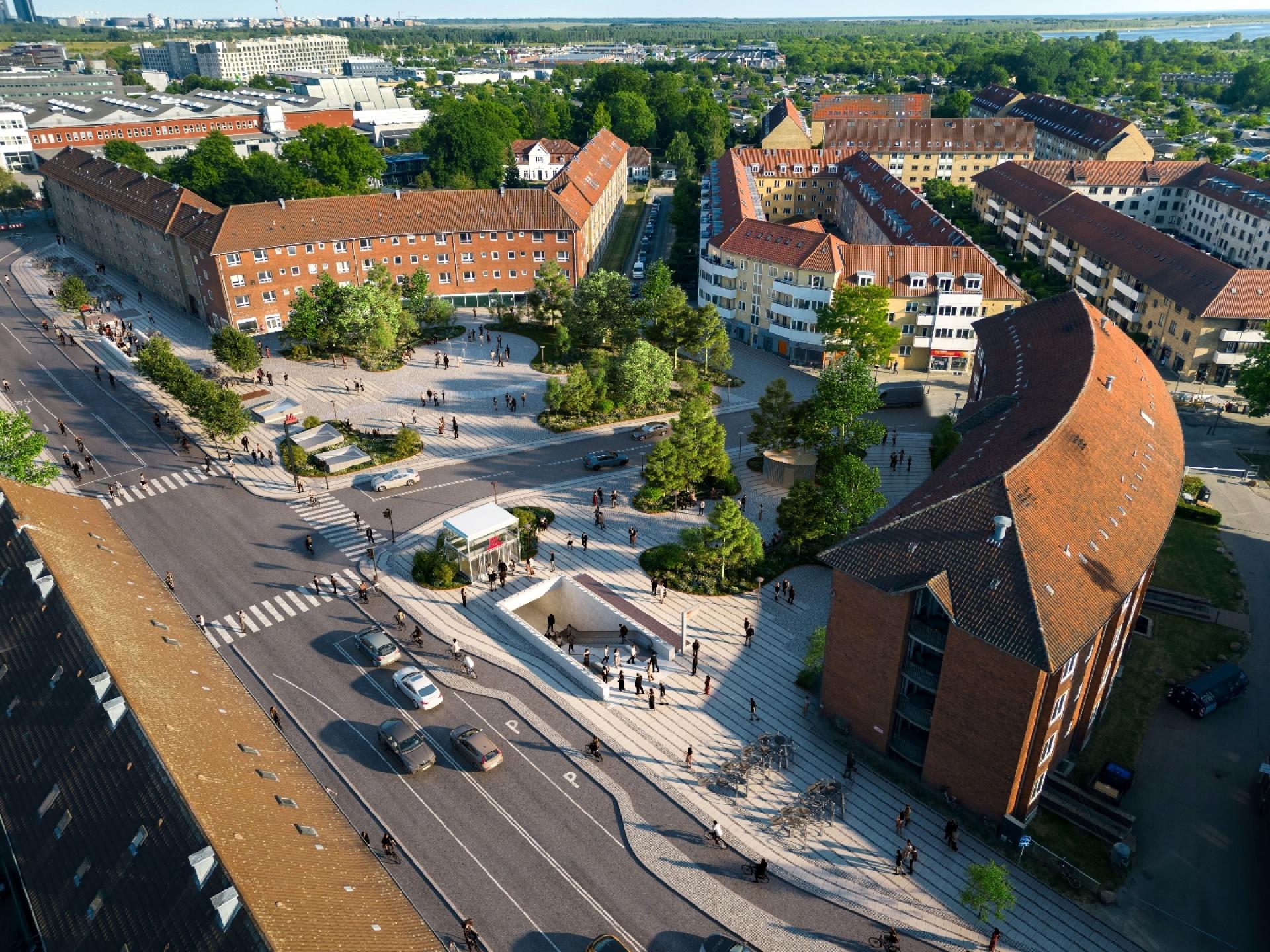 Metrostationen Mozarts Plads ligger i udkanten af pladsen og indrettes som et grønt byrum med mulighed for ophold, events og andre aktiviteter. Formålet er at fremme trygheden på pladsen ved at indrette pladsen, så folk i højere grad får oplevelsen af at befinde sig i en bypark end midt på en byplads. Visualisering: SLA Landskabsarkitekter.