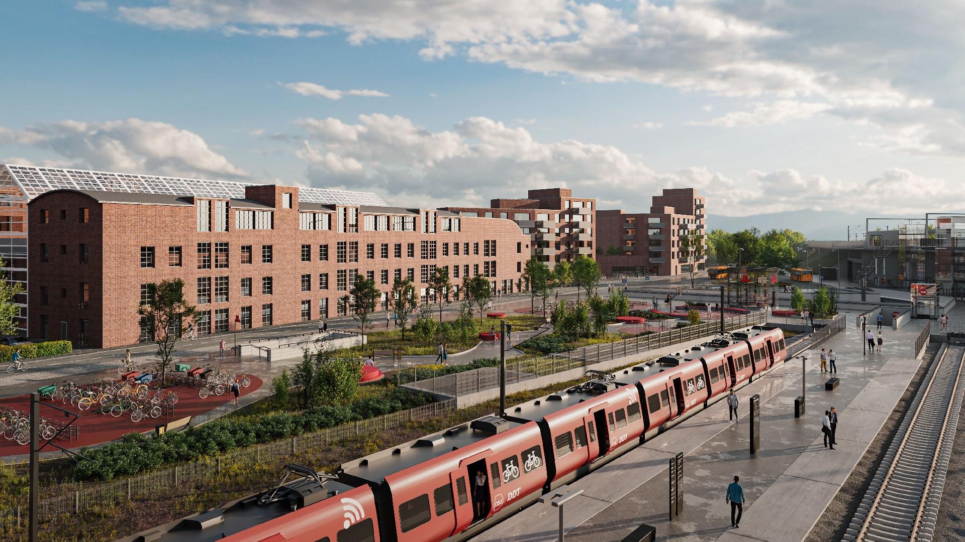 Metrostationen København Syd bliver et af de største trafikale samlingspunkter i hovedstaden i fremtiden. Pladsen indrettes, så den sikrer et godt flow for fodgængerne og med cykelparkering, offentligt toilet, vandpost, plantebede, bænke og mastebelysning. Stationspladsen vil ændre form, når København Syd udbygges til en ny bydel med blandet bolig og erhverv. Visualisering: 1:1 Landskabsarkitekter.