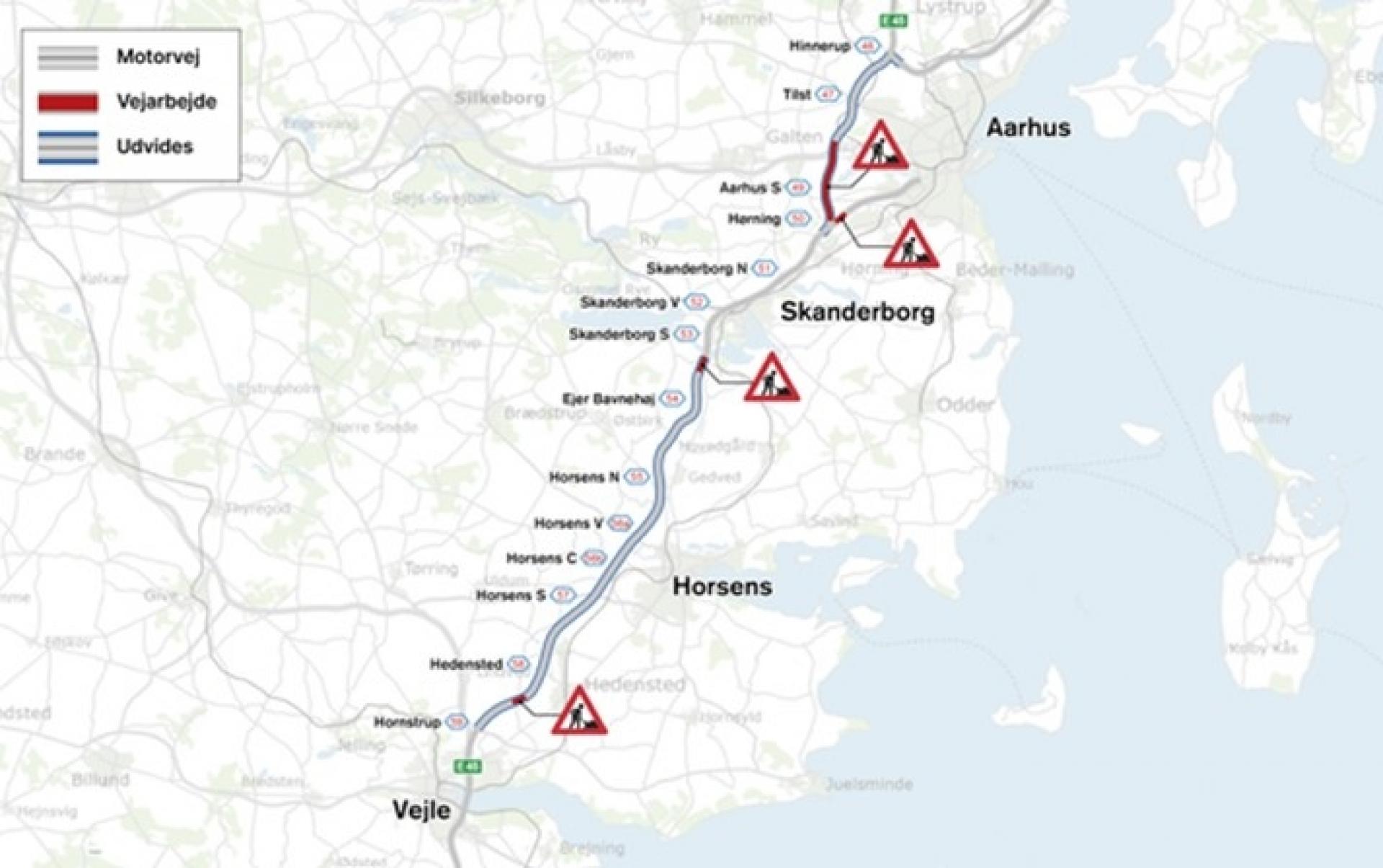Her arbejdes der lige nu på broerne langs E45 Østjyske Motorvej. Kort: Vejdirektoratet.