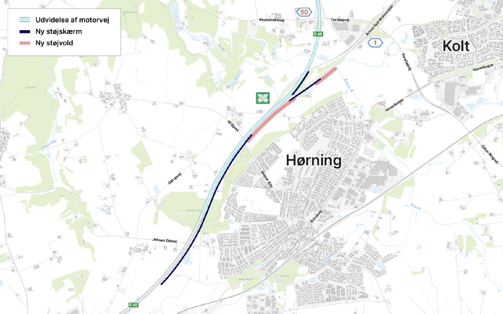 På sigt kan beboerne i Hørning se frem til omkring 3,8 km støjafskærmning mod motorvejen. Kort: Vejdirektoratet