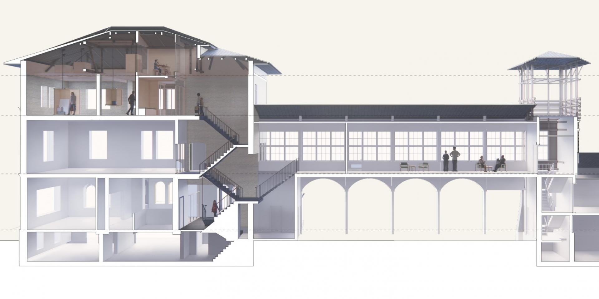 Det omfattende projekt fletter en tiltrængt udskiftning af taget sammen med en gennemgribende ombygning af 2. og 3. sal samt adgangsvejene til de øverste etager. Visualisering: ReVærk