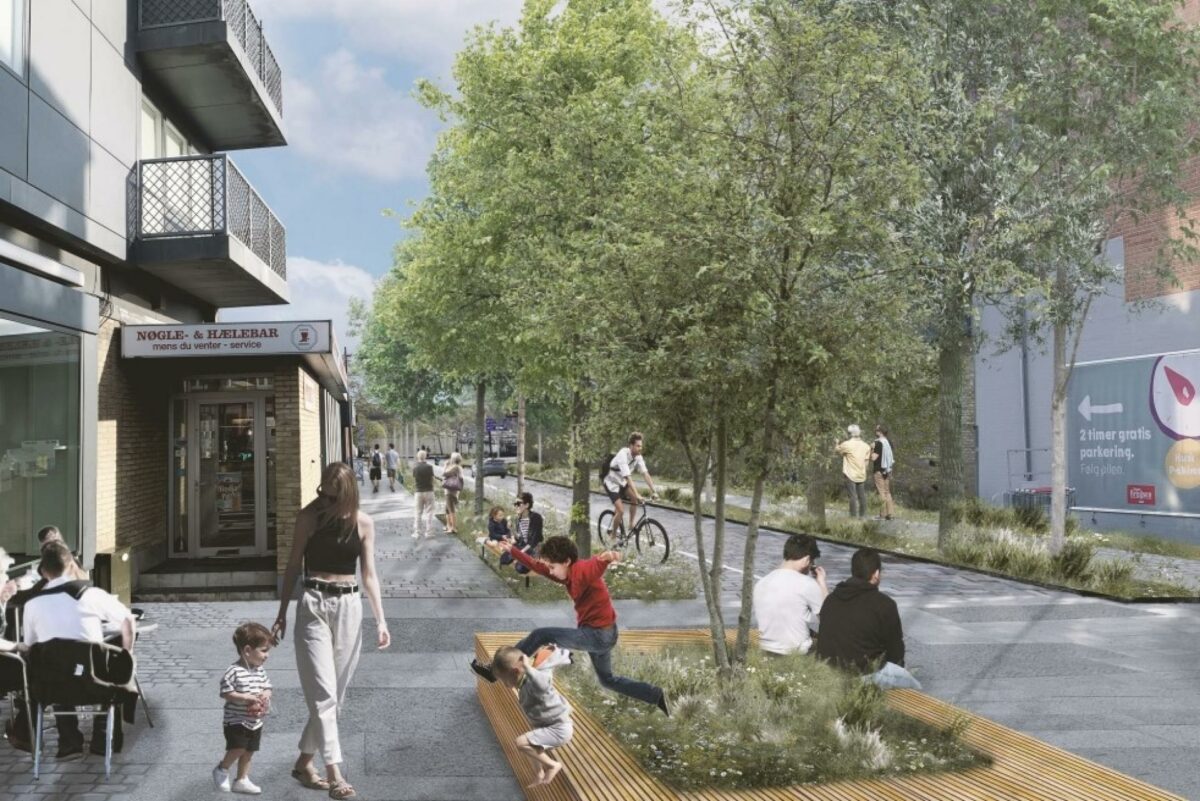 Der bliver plads til både biler, cyklister, gående og legende i Adelgade, når den planlagte revitalisering af gaden er tilendebragt. Visualisering: Lytt Architecture