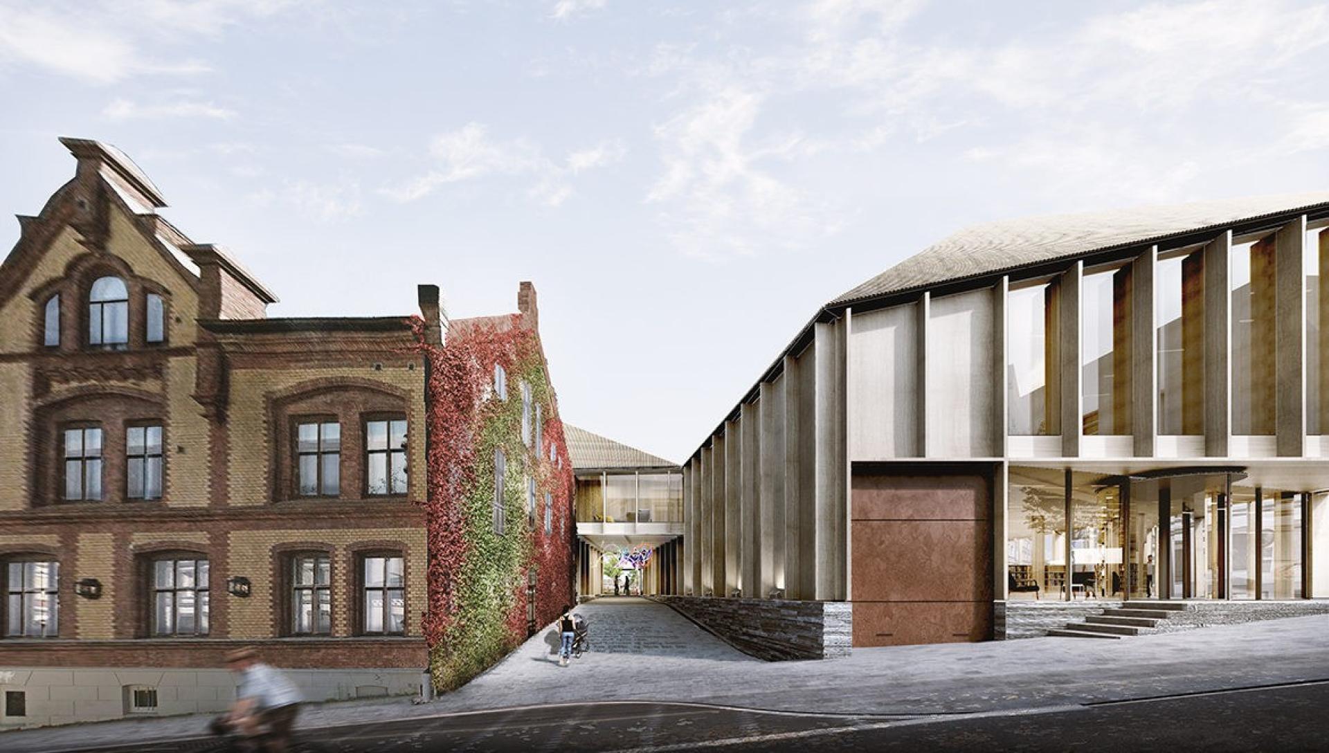 Den endelige placering for det nye Ibsen Bibliotek er endnu ikke bestemt. Det bliver valgt af kommunen i løbet af marts. Illustration: Schmidt Hammer Lassen Architects.