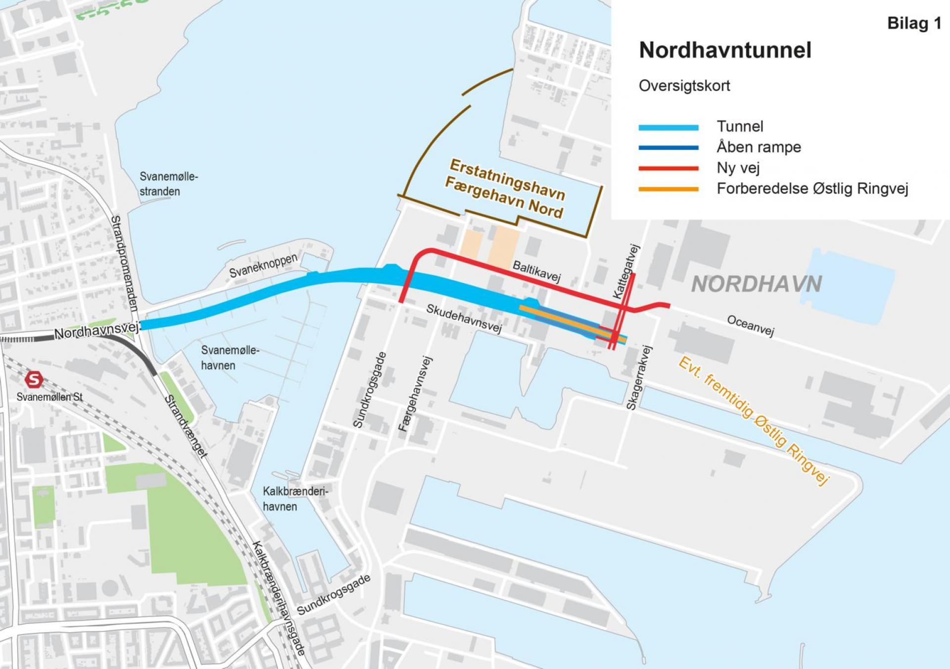 Tunnel og ramper er tilpasset modulvogntog og 15 meter busser. Grafik: Vejdirektoratet.