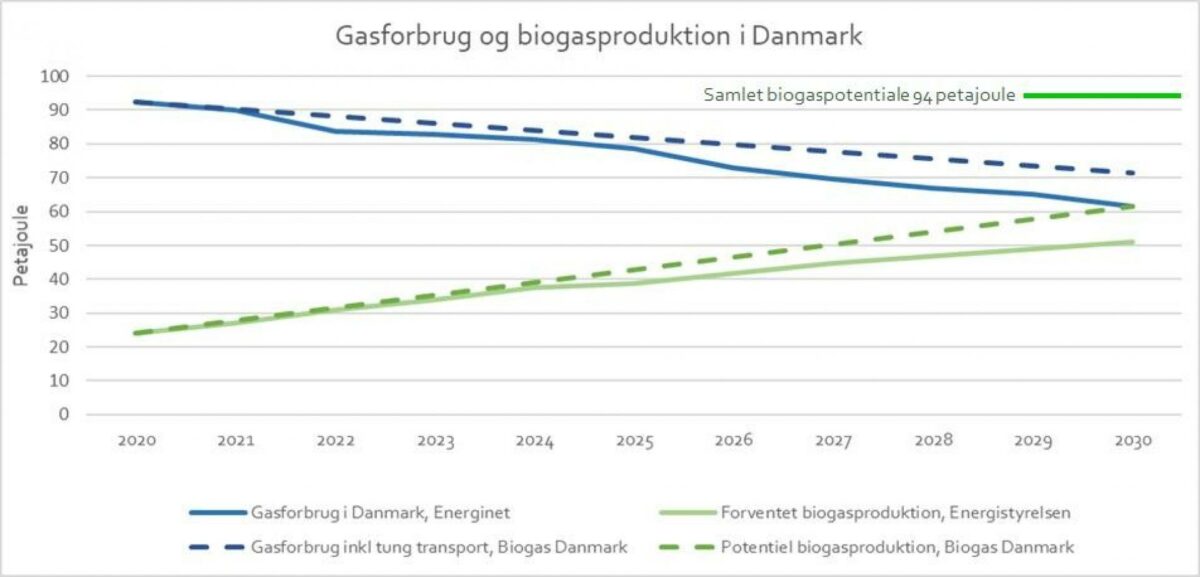 Figuren viser Energistyrelsens og Energinets forventninger til henholdsvis biogasproduktionen og forbruget af gas i Danmark i årene 2020-2030. Med øget anvendelse af biogas i transportsektoren øges gasbehovet til cirka 72 petajoule i 2030. Det modsvares af, at den potentielle biogasproduktion er på 60 petajoule i 2030 - beregnet af Biogas Danmark med biogasbranchens udbygningstakt de seneste 5 år. Ifølge Syddansk Universitet er der et samlet biogaspotentiale på 94 petajoule i Danmark. Dermed er der betydelige biogasressourcer til omstilling af lastvogne, skibe og fly. Kilder: Analyseforudsætninger til Energinet 2020 (AF 2020), Klimaaftale for Energi og Industri mv. 2020.