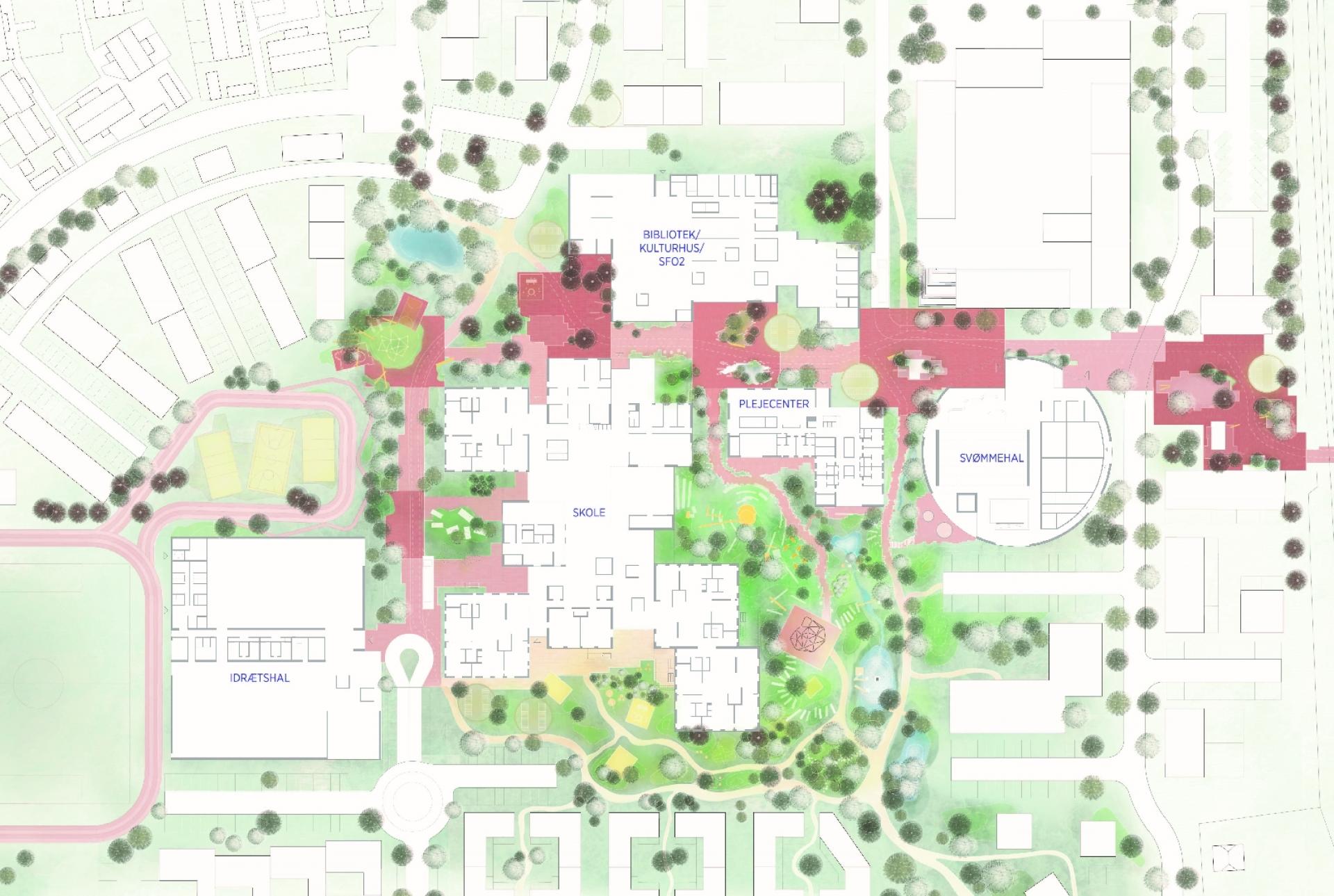 Projektet omfatter en ny skole med idrætshal og SFO, en svømmehal, et plejecenter og renovering og udvidelse af bibliotek/kulturhus.