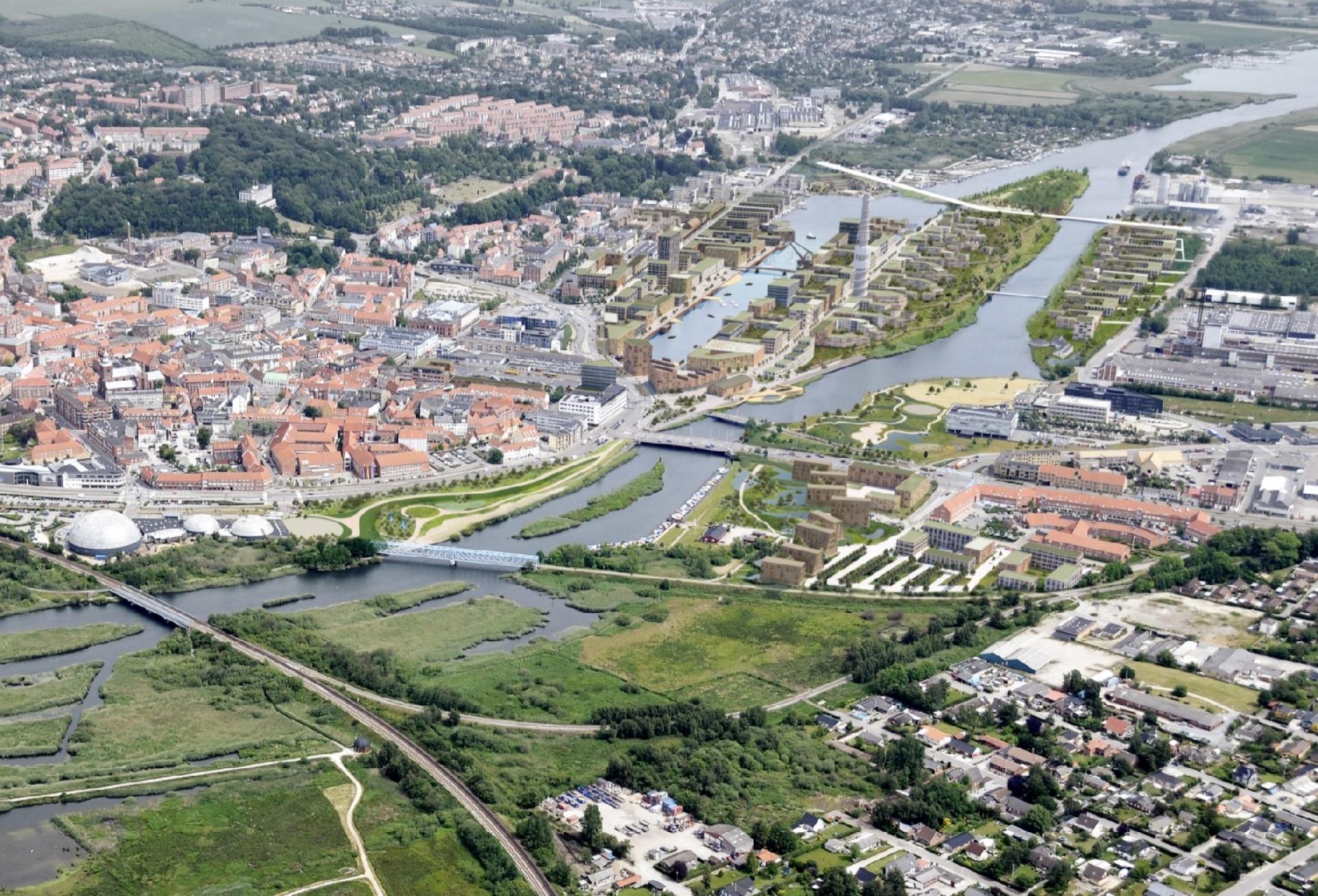 Flodbyen Randers strækker sig over ca. 59 hektar og det samlede areal til byudvikling omfatter et grundareal på 245.000 m2. Foto: Randers Kommune