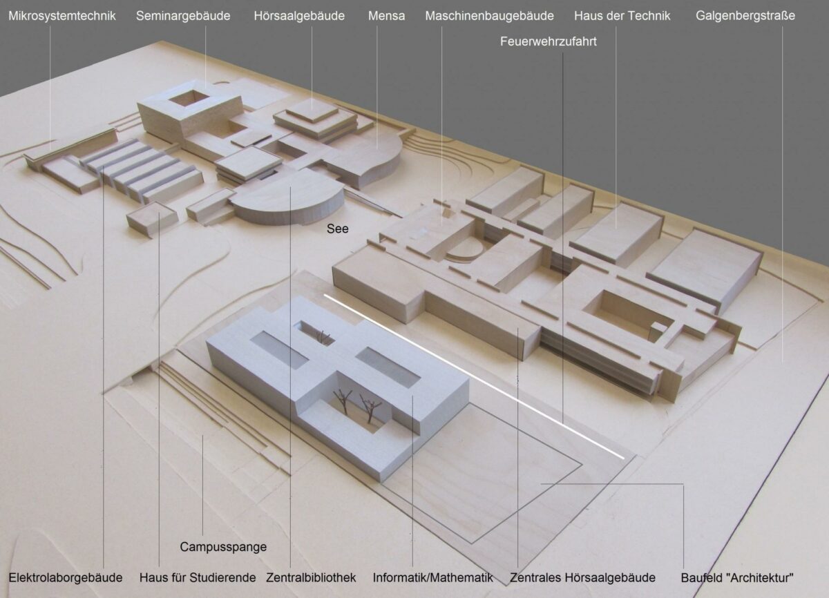 Ostbayerische Technische Hochschule i Regensburg vil have Henning Larsen Architects til at designe universitetets fakultet for arkitektur. Det er bygningen i forgrunden, den danske tegnestue skal arbejde med. Illustration: Henning Larsen Architects.