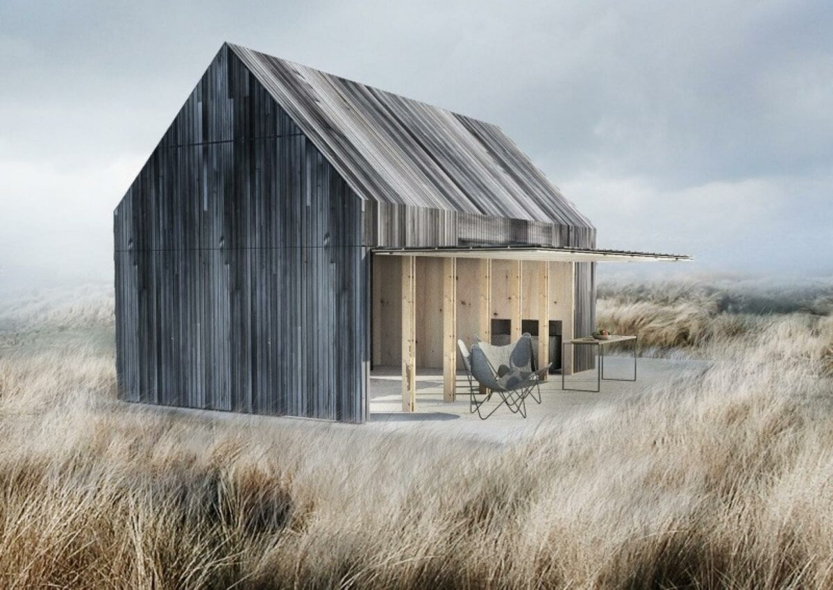 Husets ene side kan slås op ud over terrassen. Illustration: We Architecture.