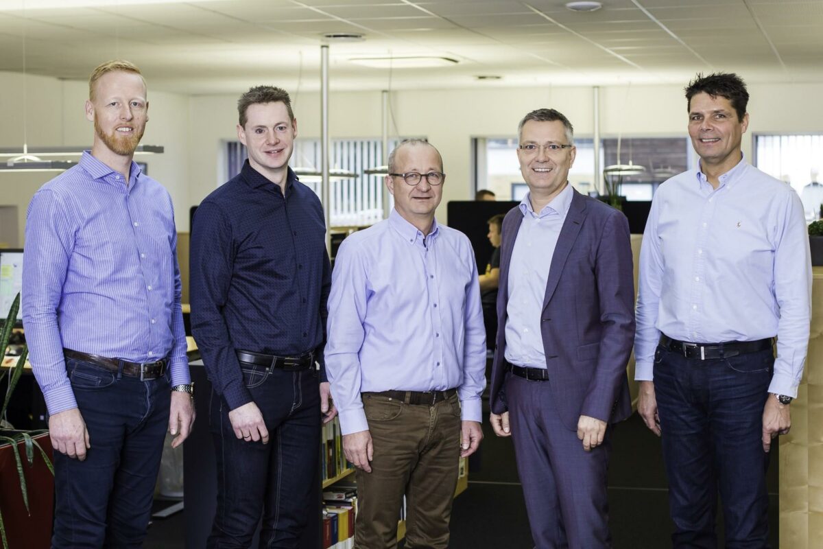 Ledelsen hos ingeniørvirksomheden. Fra venstre er det partner Marinus Møller, partner Kristoffer Jørgensen, partner og adm. direktør Peter Gasberg, bestyrelsesformand Mikael Vest samt partner Torben B. Nielsen. Pressefoto.