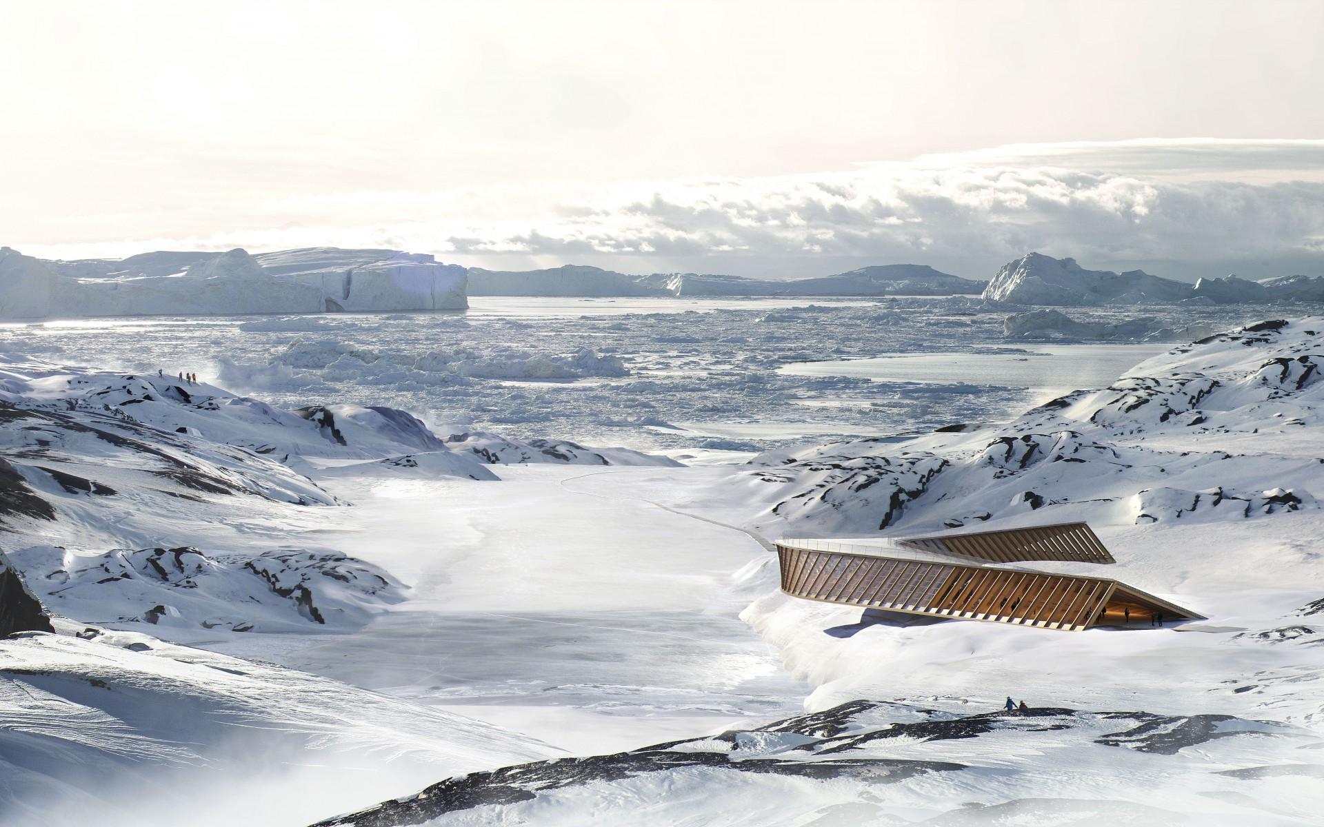 Ilulissat Isfjordscenter i Grønland, der skal opføres ved det UNESCO-beskyttede naturområde. Rendering af MIR.