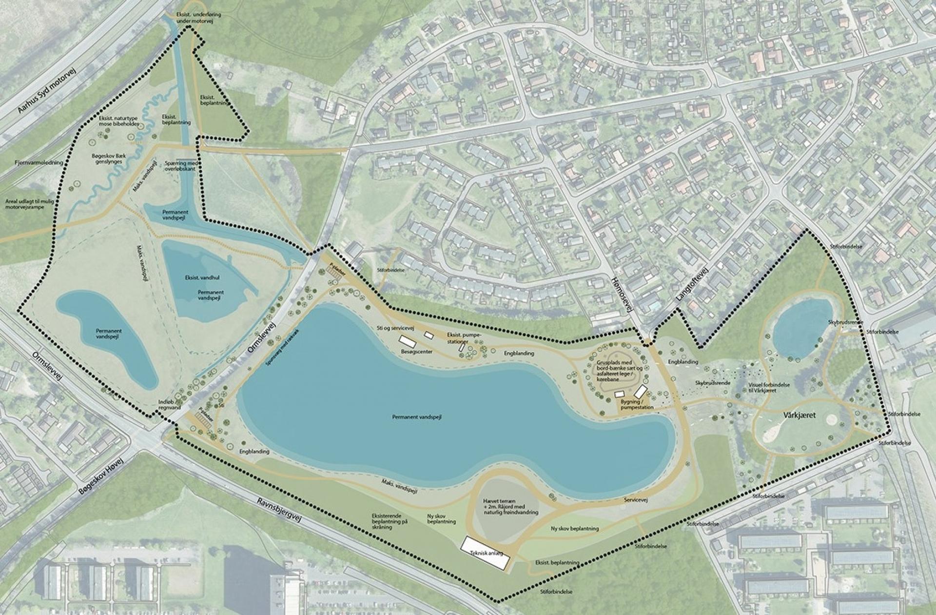 Det 22 hektar store areal forventes - over de store regnvandssøer - at få bl.a. ny beplantning, stier, besøgscenter, borde- bænkesæt til ophold, legeområde mv. Illustration: Aarhus Kommune