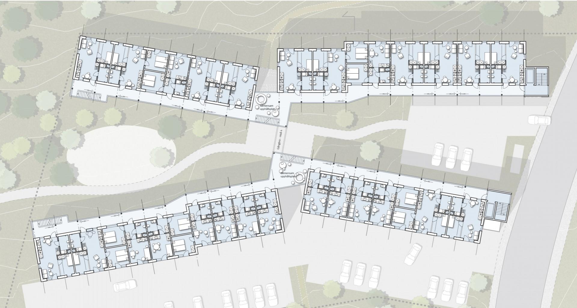 Alle lejligheder vender mod skoven, mens fællesområderne er placeret mod gården. Illustration: Arkitema Architects.