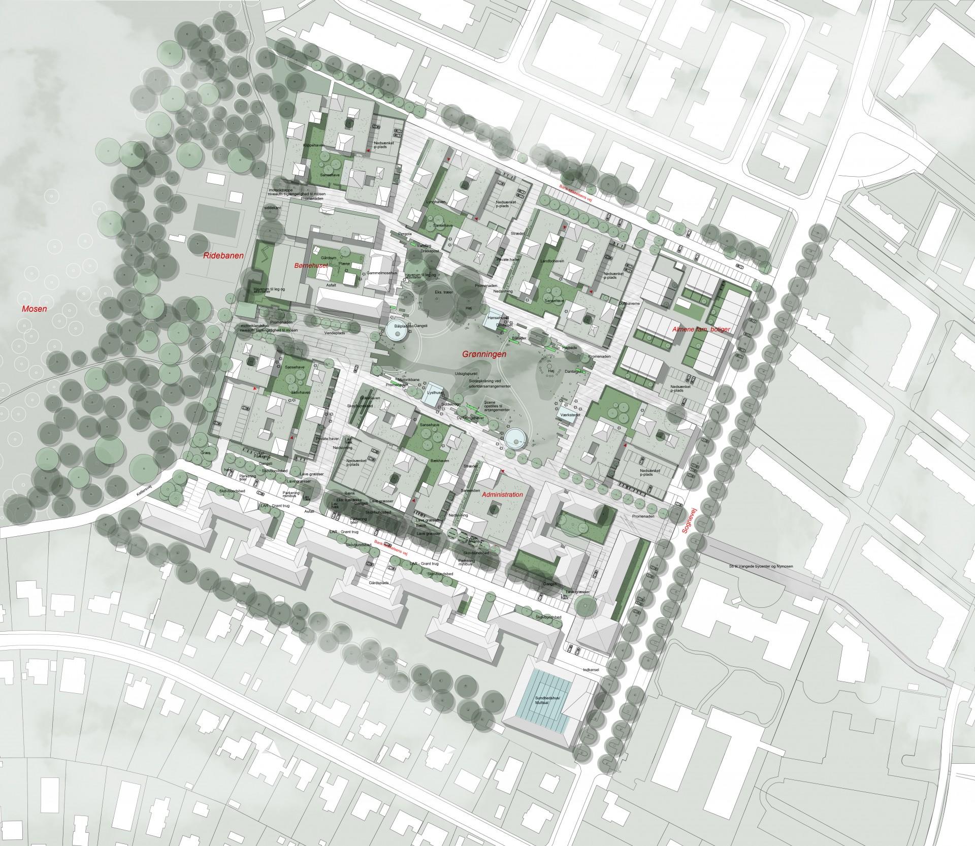 Tegnestuen Vandkunstens masterplan for området omkring Bank-Mikkelsens Vej, der rummer mange forskellige bo- og dagtilbud og sociale institutioner. Illustration: Tegnestuen Vandkunsten.