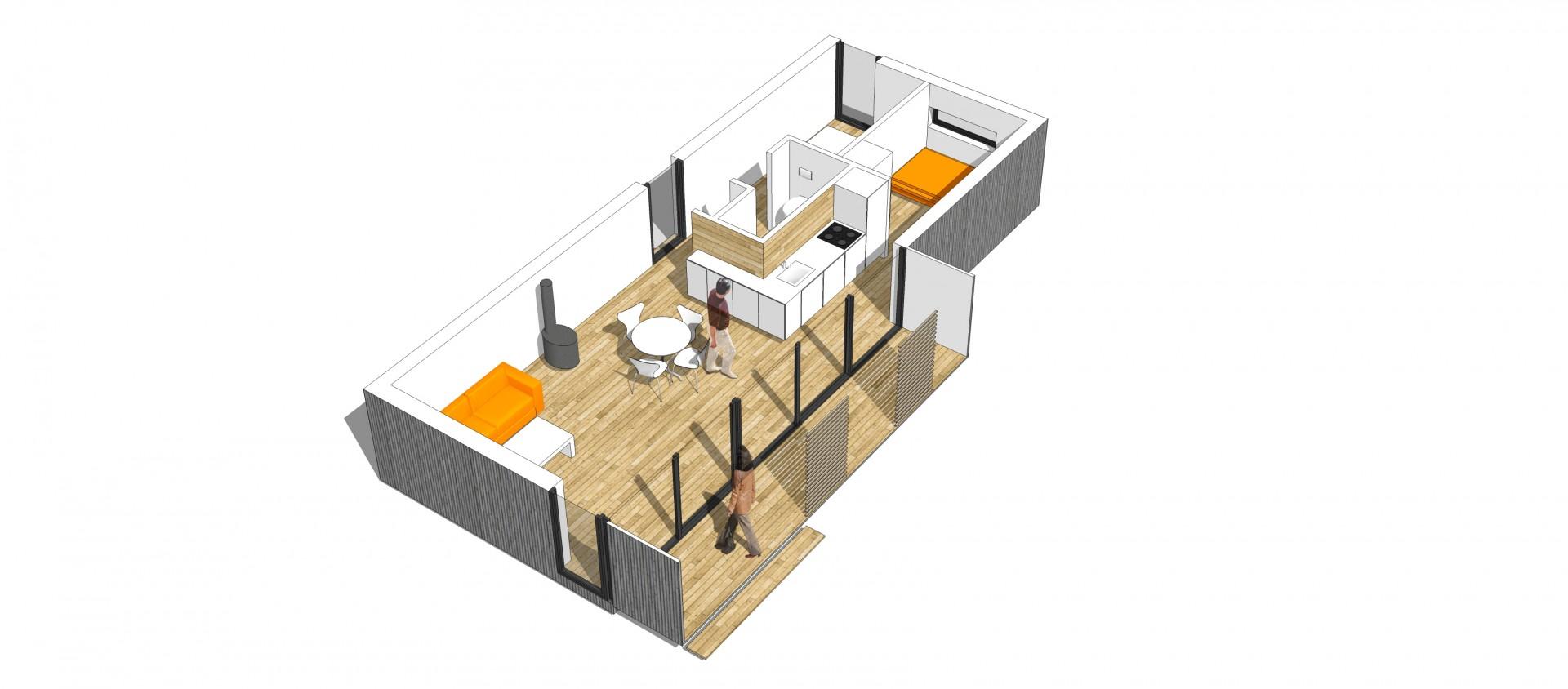 Venligboligen indeholder bad, køkken, soverum og opholdsrum. Illustration: 2+1 Idébureau og ONV Arkitekter.