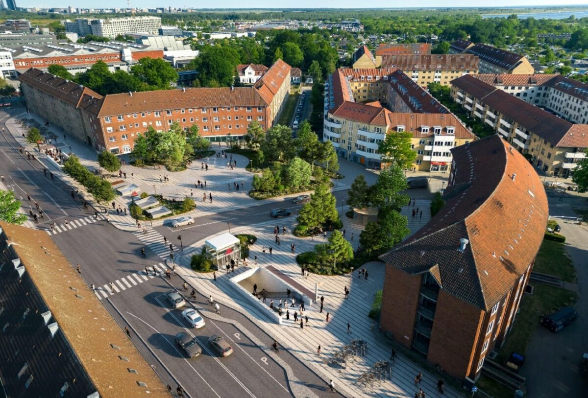 Luftfoto af Mozarts Plads hvor festen for metrolinje m4 afholdes.