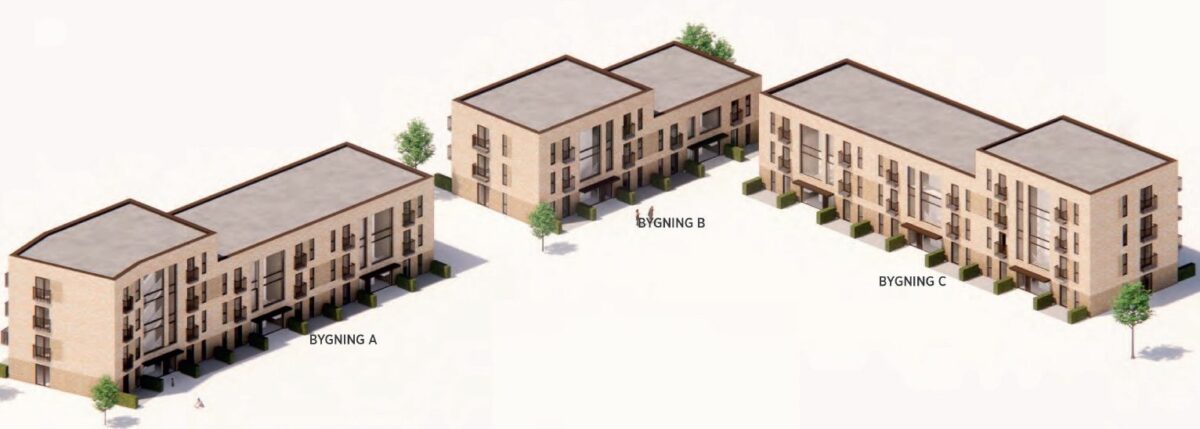 Computerillustration viser tre bygninger i 2-4 etager i gullige mursten, mørkere farver omkring vinduer, indgangspartier og altaner. Der er indsat enkelte træer rundt om bygningerne