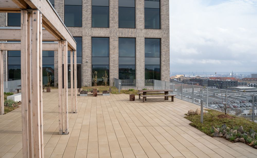 Foto af en tagterrasse i træ med flere bord-bænkesæt, lav beplantning og et overdækket område. Der er udsigt over byen. 