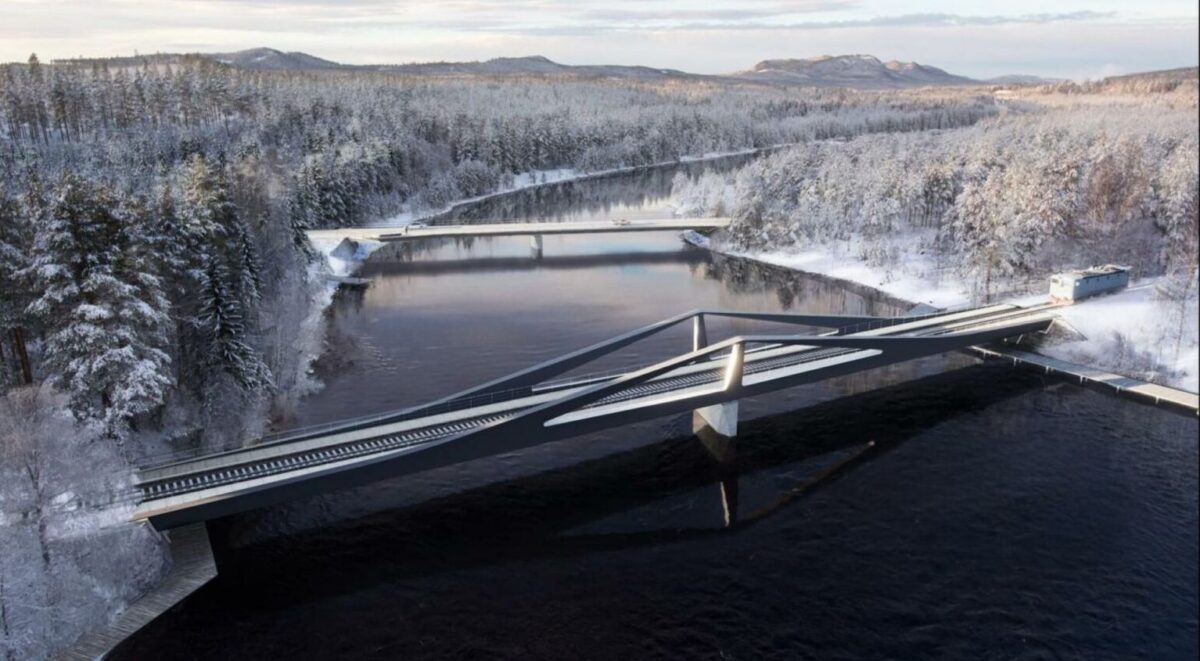 Visualisering af smal bro over en elv i et sneklædt landskab